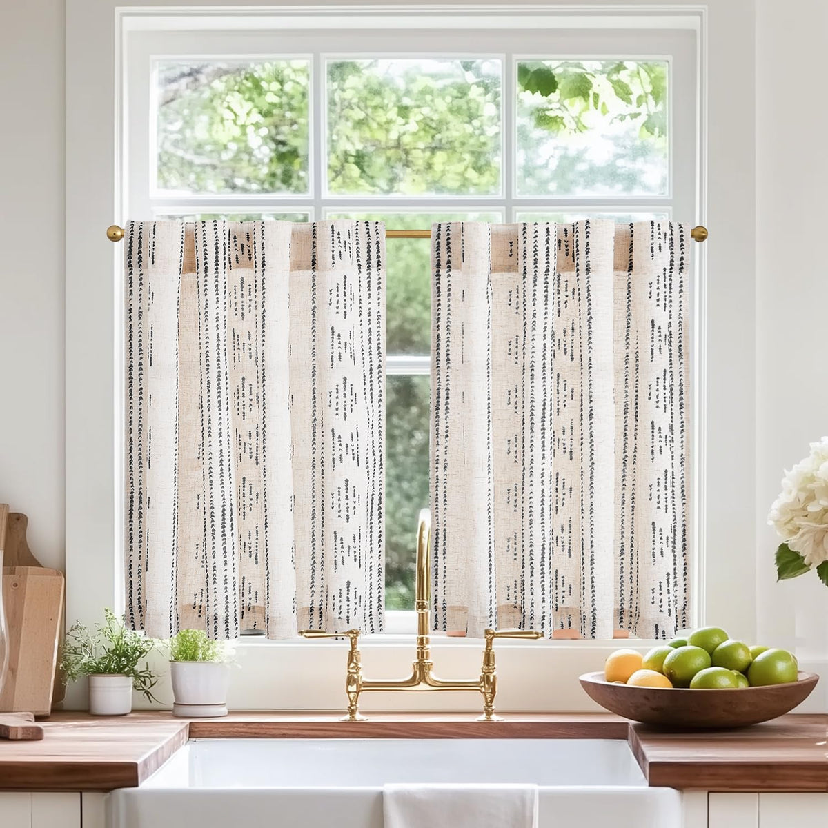 jinchan Linen Striped Tier Curtains for Kitchen Windows Green 26 x 24 inch