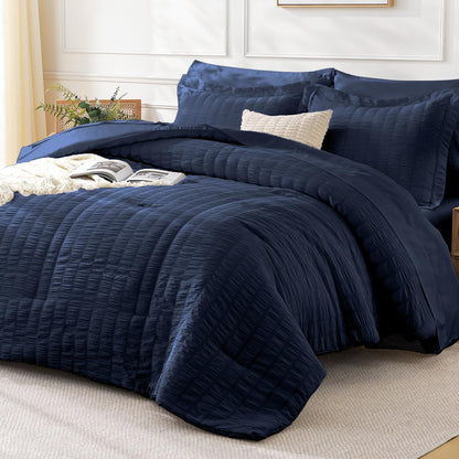 FreshCulture Comforter Set Seersucker 7 Pieces, All Season Bedding Set Queen, Bed in a Bag Comforter Set with 1 Comforter, 1 Flat Sheet, 1 Fitted Sheet, 2 Pillowcases and 2 Pillow Shams, Dark Grey