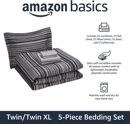 Amazon Basics 5-Piece Lightweight Microfiber Comforter Set with Sheets, Bed-in-a-Bag, Gray Calvin Striped Bedding, Twin/Twin XL