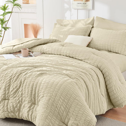 Queen Comforter Set - 7PCS Bed in a Bag, Seersucker Bedding Set, Dark Grey
