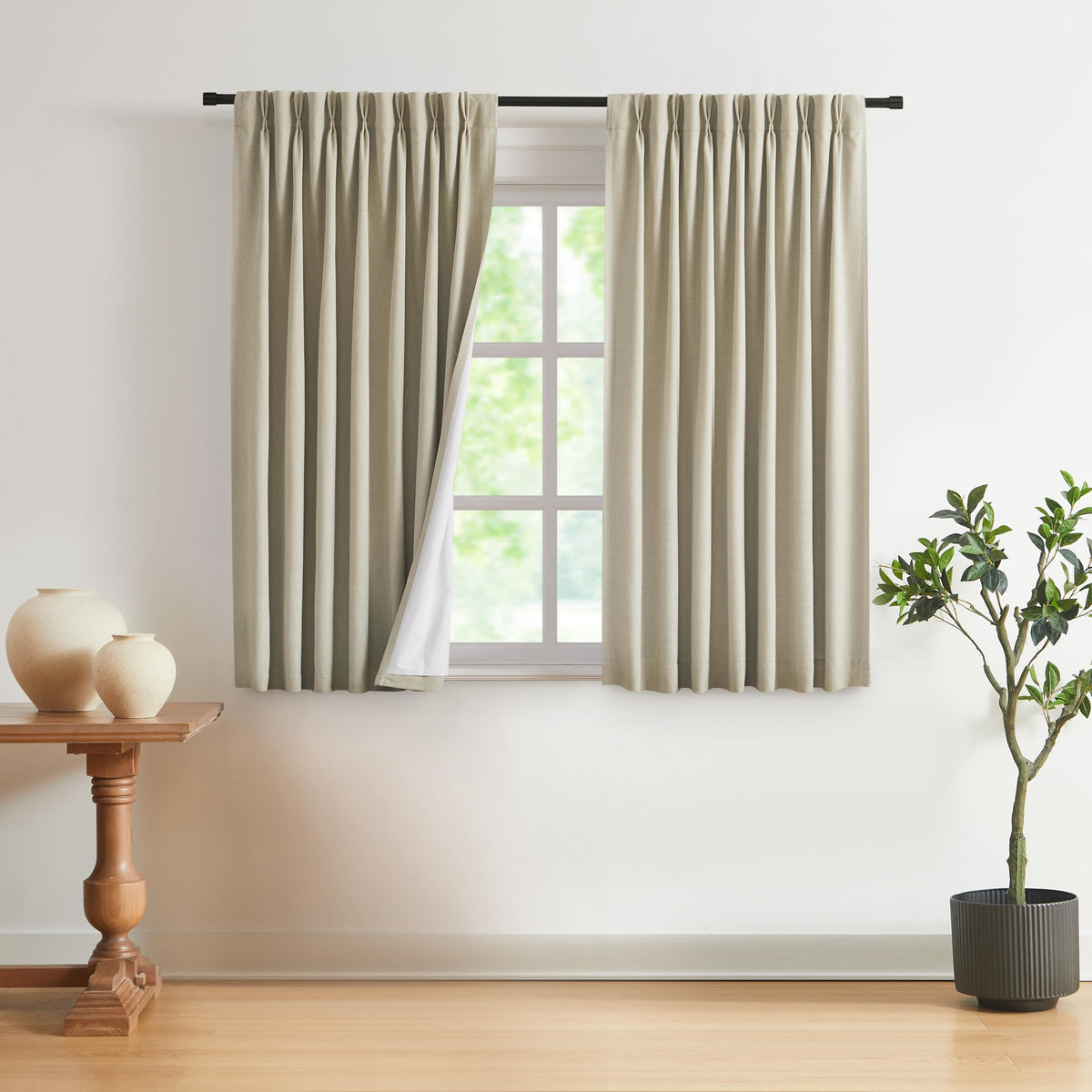 Vision Home Natural Pinch Pleated Full Blackout Curtains Linen Blended Room Darkening Window Curtains 95 inch for Living Room Bedroom Thermal Insulated Pinch Pleat Drapes with Hooks 2 Panel 40"Wx95"L