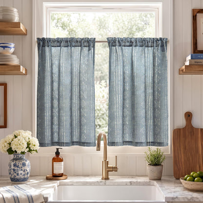 jinchan Linen Striped Tier Curtains for Kitchen Windows Green 26 x 24 inch