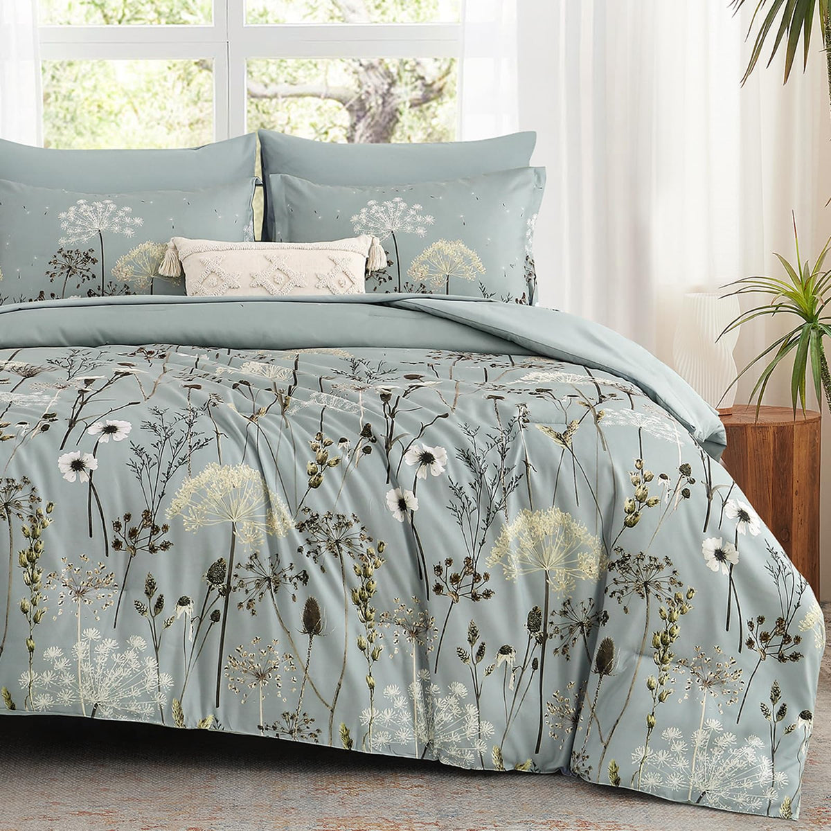 Yiran Queen Comforter Set, 7 Piece Floral Dark Green Dandelion Bed in a Bag