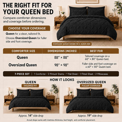 HIMEET Queen Comforter Set Black - 7 Pieces Pintuck Bed in a Bag