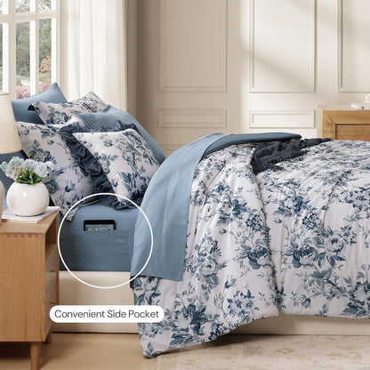 BLOOMHAVEN Queen Comforter Set-7 Pieces Blue Floral Bed in a Bag Queen