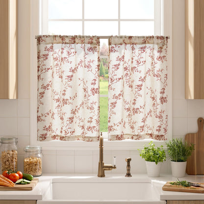 jinchan Floral Linen Kitchen Tier Curtains, 24 Inch, 2 Panels, Green