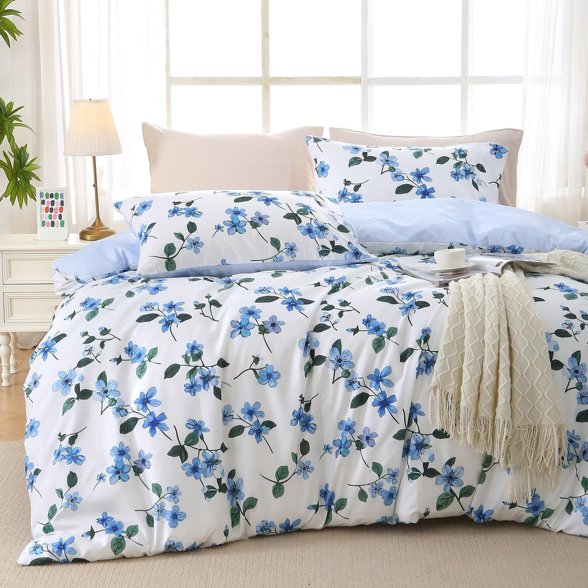MUXHOMO Duvet Cover King Size, 3-Piece Floral Grey-Blue Bedding Set
