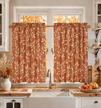 Miss Adola 36 Inch Length Kitchen Tier Curtains Pumpkin Leaf Cafe Curtains