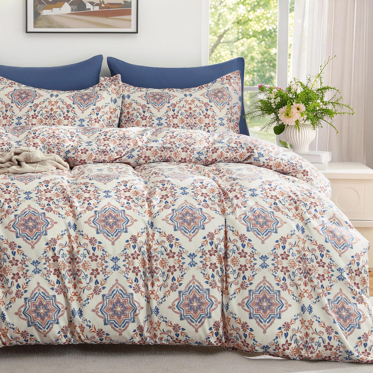 MUXHOMO Duvet Cover King Size, 3-Piece Floral Grey-Blue Bedding Set