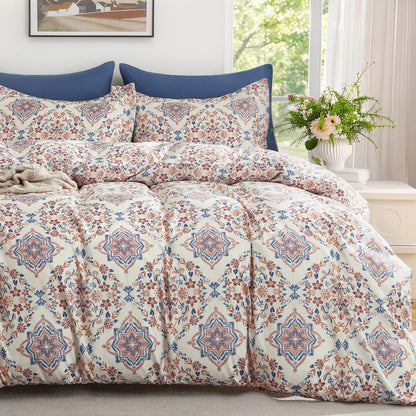 MUXHOMO Duvet Cover King Size, 3-Piece Floral Grey-Blue Bedding Set
