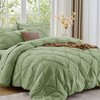 Sasttie Full Size Comforter Set, 7-Piece Bed in a Bag Double, Pintuck Bedding Set for All Season, Includes Comforter, Flat Sheet, Fitted Sheet, Pillowcases and Pillowshams, Beige