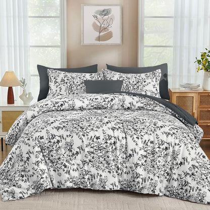 WONGS BEDDING 8 Pieces Queen Size Comforter Set Green, Sage Green Floral Bed in a Bag Comforter Sets, Soft Reversible Botanical Flowers Bedding Sets for All Season (90"x90")