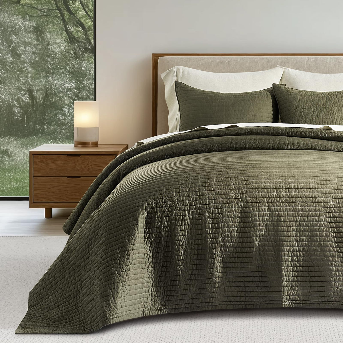 EVERGRACEHOME Cotton Sateen Quilt Set, Queen Size, Olive Green