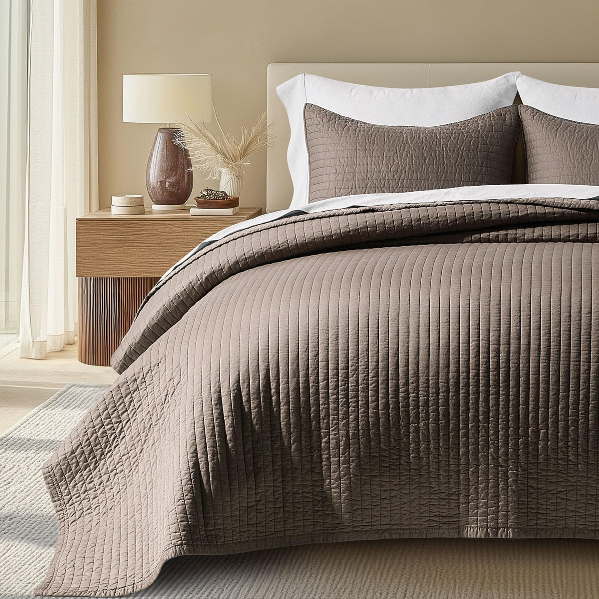 EVERGRACEHOME Cotton Sateen Quilt Set, Queen Size, Olive Green