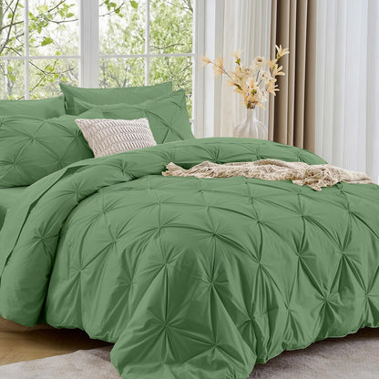 Sasttie Full Size Comforter Set, 7-Piece Bed in a Bag Double, Pintuck Bedding Set for All Season, Includes Comforter, Flat Sheet, Fitted Sheet, Pillowcases and Pillowshams, Beige