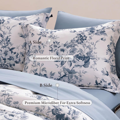 BLOOMHAVEN Queen Comforter Set-7 Pieces Blue Floral Bed in a Bag Queen