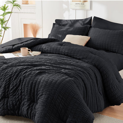 Queen Comforter Set - 7PCS Bed in a Bag, Seersucker Bedding Set, Dark Grey