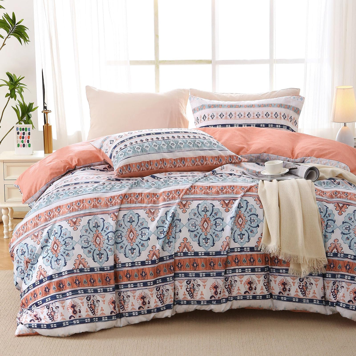 MUXHOMO Duvet Cover King Size, 3-Piece Floral Grey-Blue Bedding Set