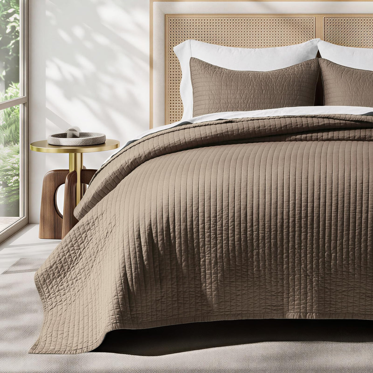 EVERGRACEHOME Cotton Sateen Quilt Set, Queen Size, Olive Green