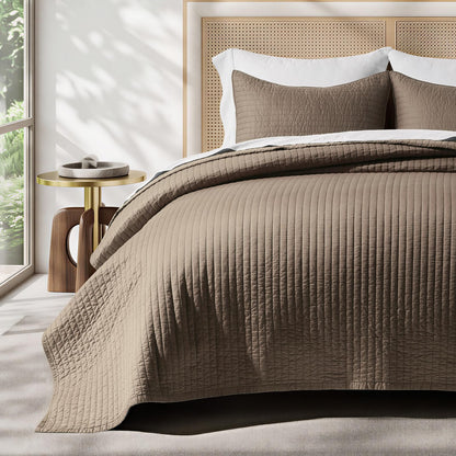 EVERGRACEHOME Cotton Sateen Quilt Set, Queen Size, Olive Green