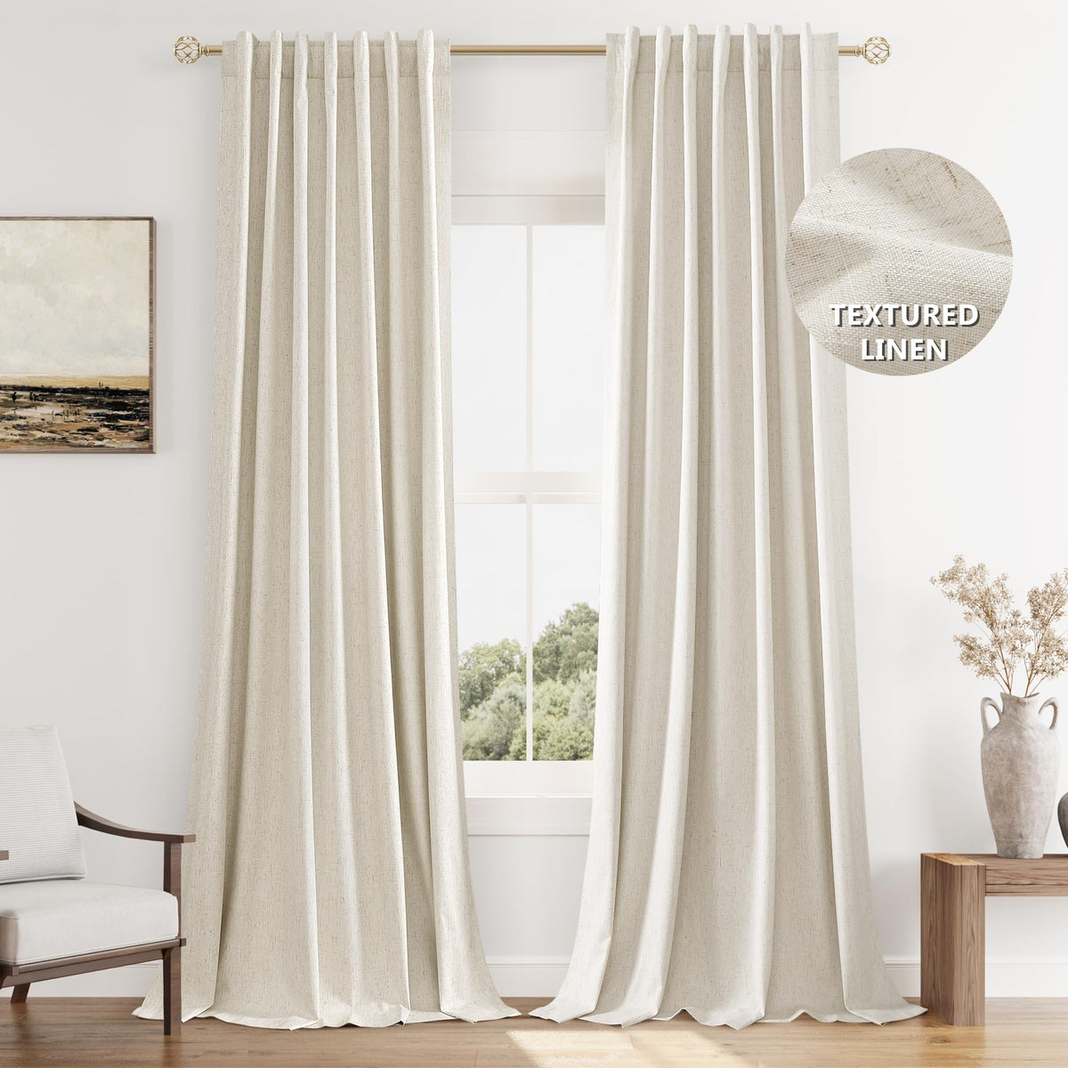 Guken Cream Linen Blackout Curtains 84 Inch Length 2 Panels Set for Living Room Bedroom Back Tab Thermal Insulated 100% Black Out Drapes Room Darkening Window Curtain Ivory Natural Beige