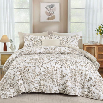 WONGS BEDDING 8 Pieces Queen Size Comforter Set Green, Sage Green Floral Bed in a Bag Comforter Sets, Soft Reversible Botanical Flowers Bedding Sets for All Season (90"x90")