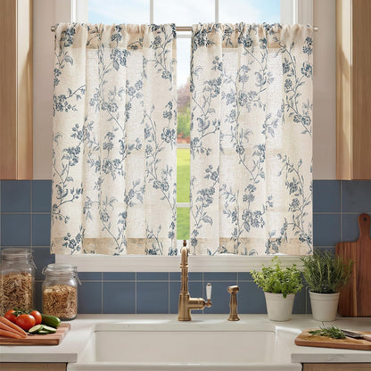 jinchan Floral Linen Kitchen Tier Curtains, 24 Inch, 2 Panels, Green