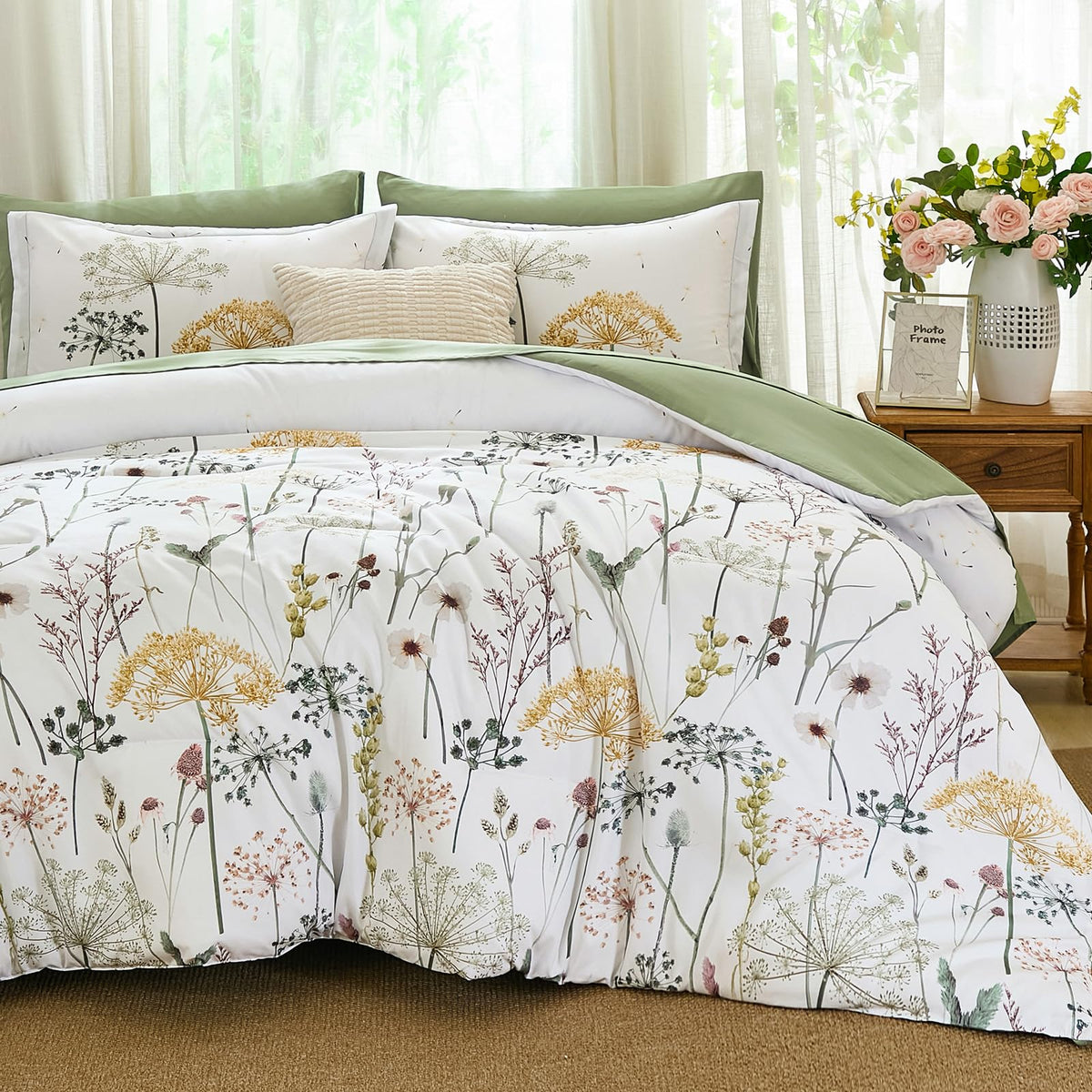 Yiran Queen Comforter Set, 7 Piece Floral Dark Green Dandelion Bed in a Bag