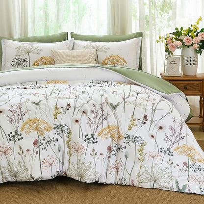 Yiran Queen Comforter Set, 7 Piece Floral Dark Green Dandelion Bed in a Bag