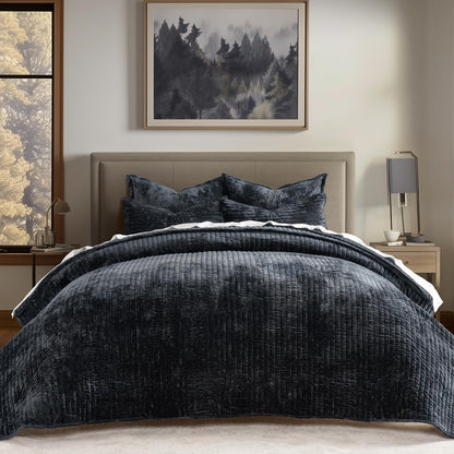 EverGrace Stripe Channel Luxury Velvet Quilt Set King Size, Beige Taupe