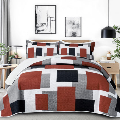 Tyrot 3 Piece Black Grey Quilt Full/Queen Size Black White Gray Bedding Set