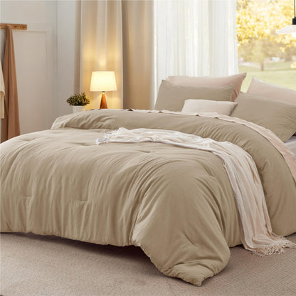 Bedsure Queen Comforter Set Prewashed Soft Bedding Set 3Pcs Beige 90"x90"