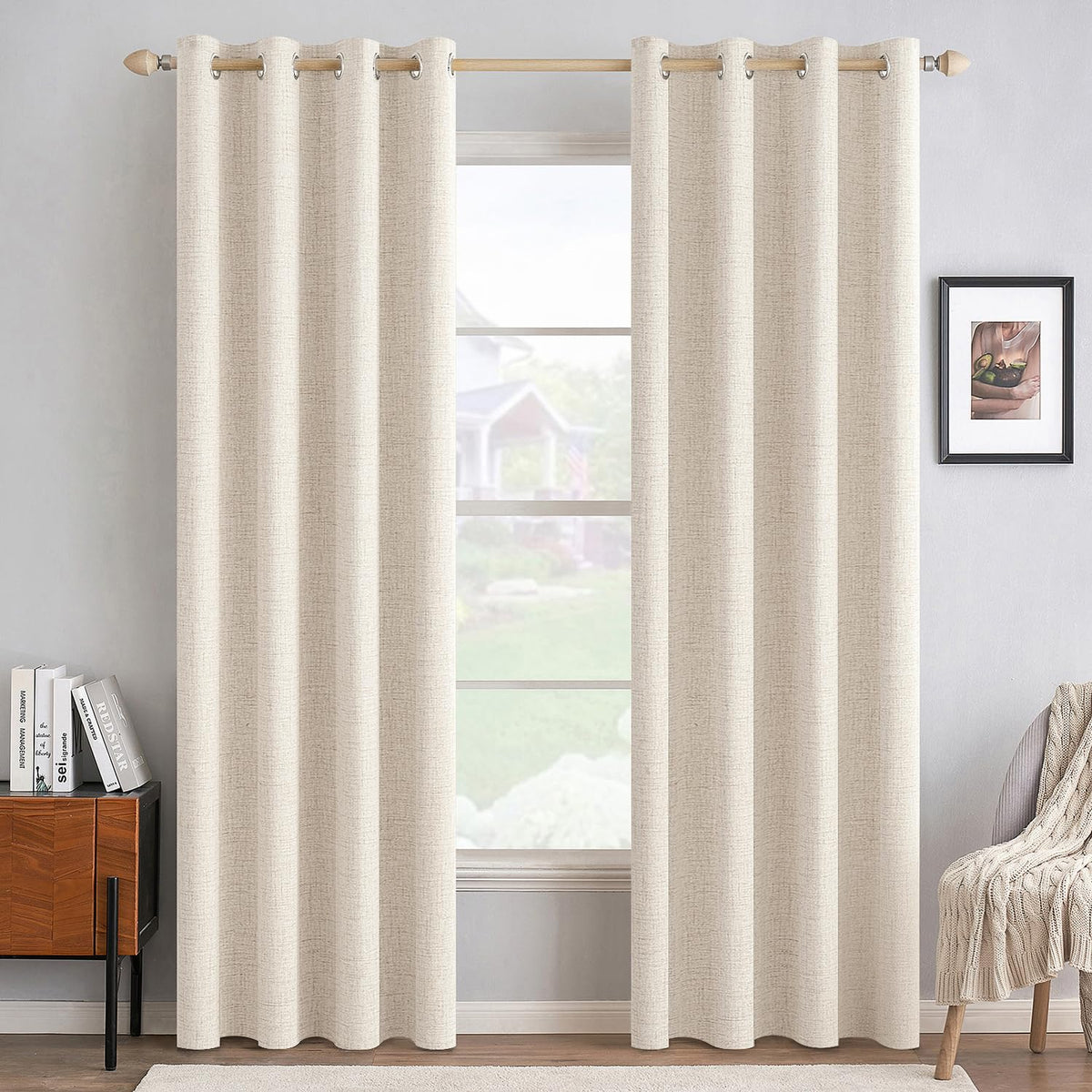 MIULEE 100% Blackout Linen Curtains for Bedroom 52x90 Inches Natural Beige