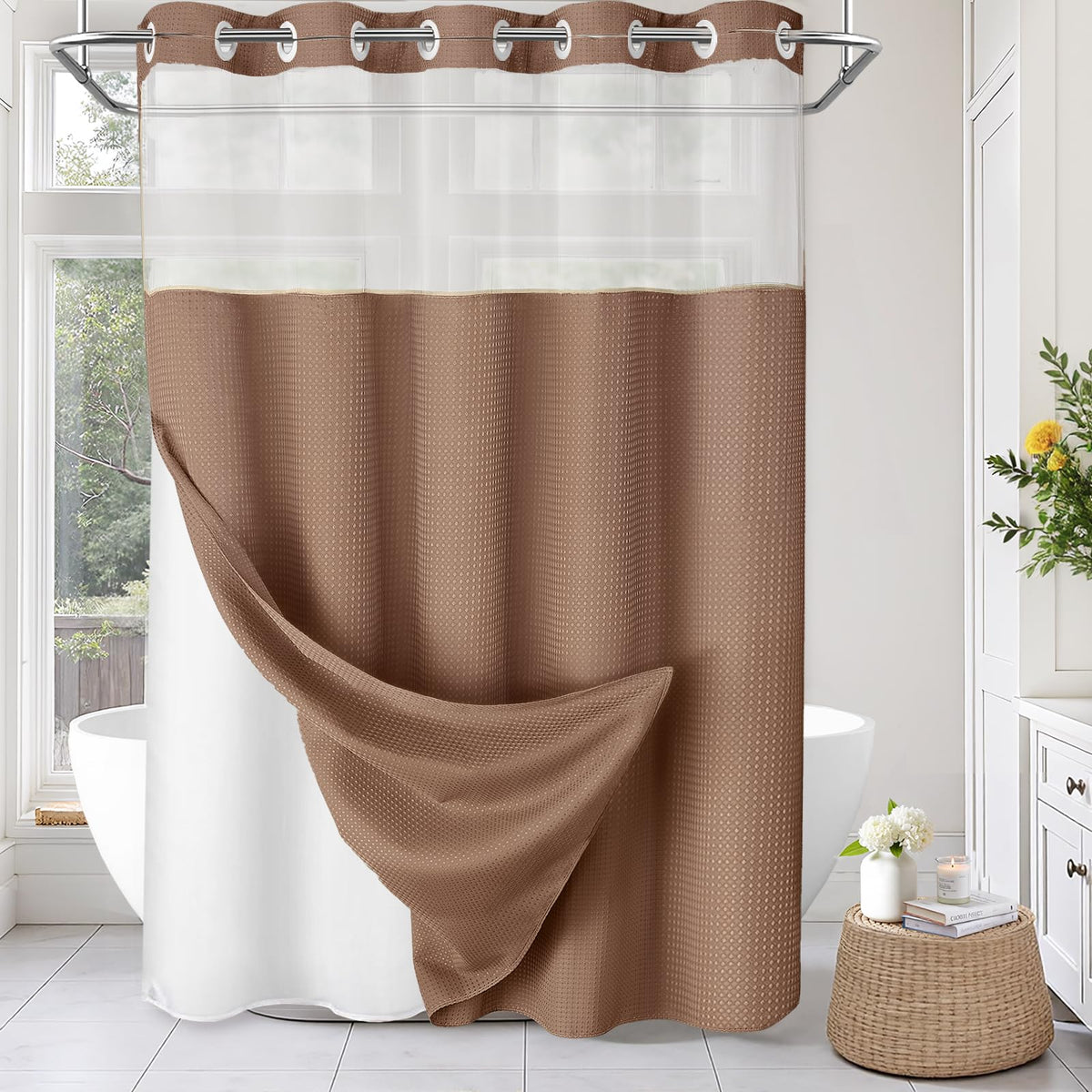No Hook Shower Curtain with Liner Set Hotel Waffle Burgundy 72W X 75L