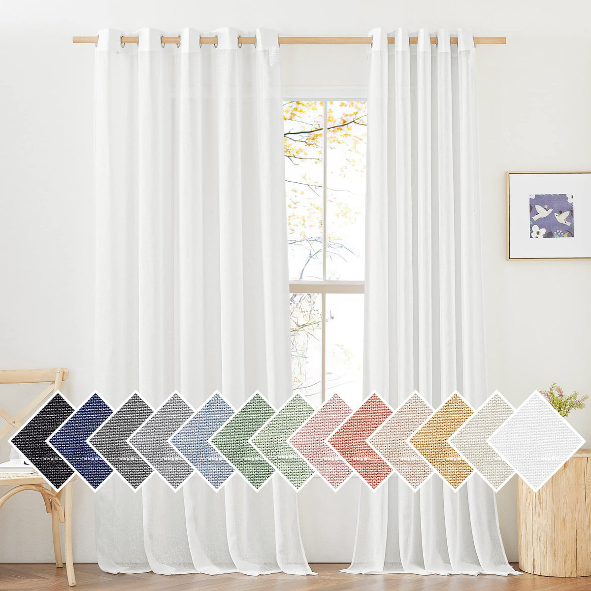 NICETOWN Semi Sheer Linen Ivory Curtains for Bedroom, W52xL84, 2 Panels