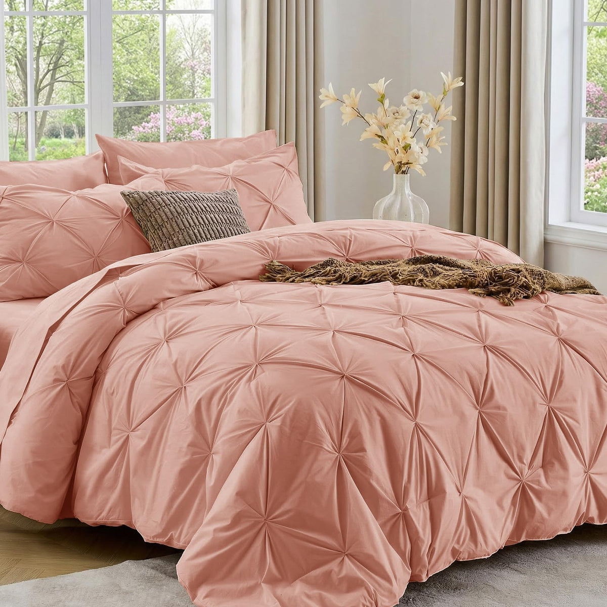 Sasttie Full Size Comforter Set, 7-Piece Bed in a Bag Double, Pintuck Bedding Set for All Season, Includes Comforter, Flat Sheet, Fitted Sheet, Pillowcases and Pillowshams, Beige