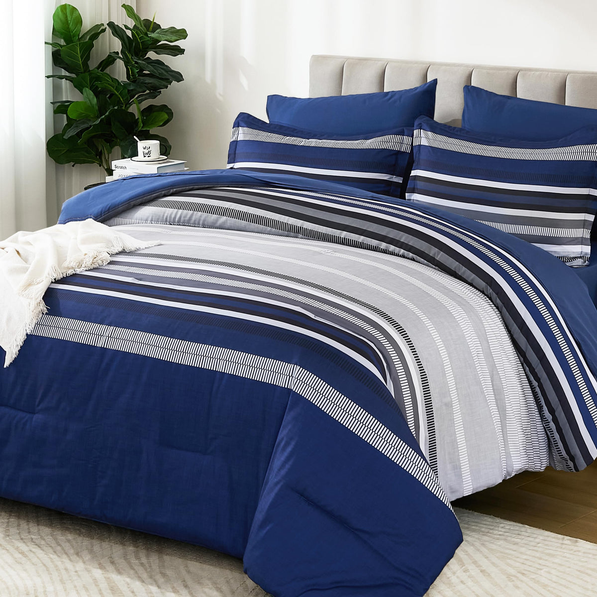 Dobuyly Teal Queen Comforter Set 7 Pieces, Blue Boho Striped Bed in a Bag Queen Size Soft Microfiber All Season Bedding Set with Comforter, Sheets, Pillowcases & Shams