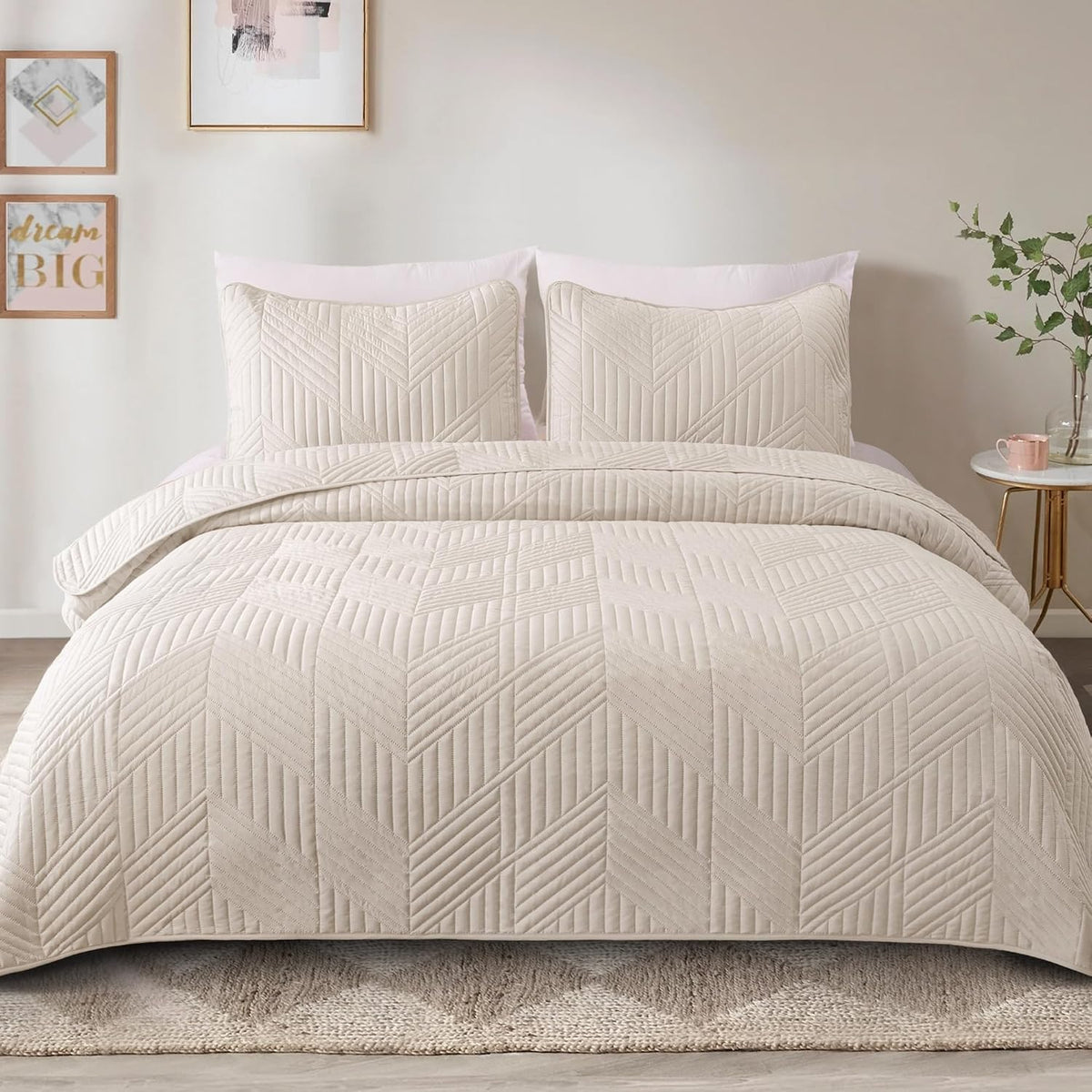 Exclusivo Mezcla Ultrasonic Full Queen Quilt Bedding Set, Beige Cream