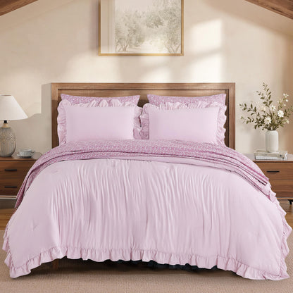 BLOOMHAVEN Queen Comforter Set-7 Pieces Ruffle Bedding with Floral Sheet