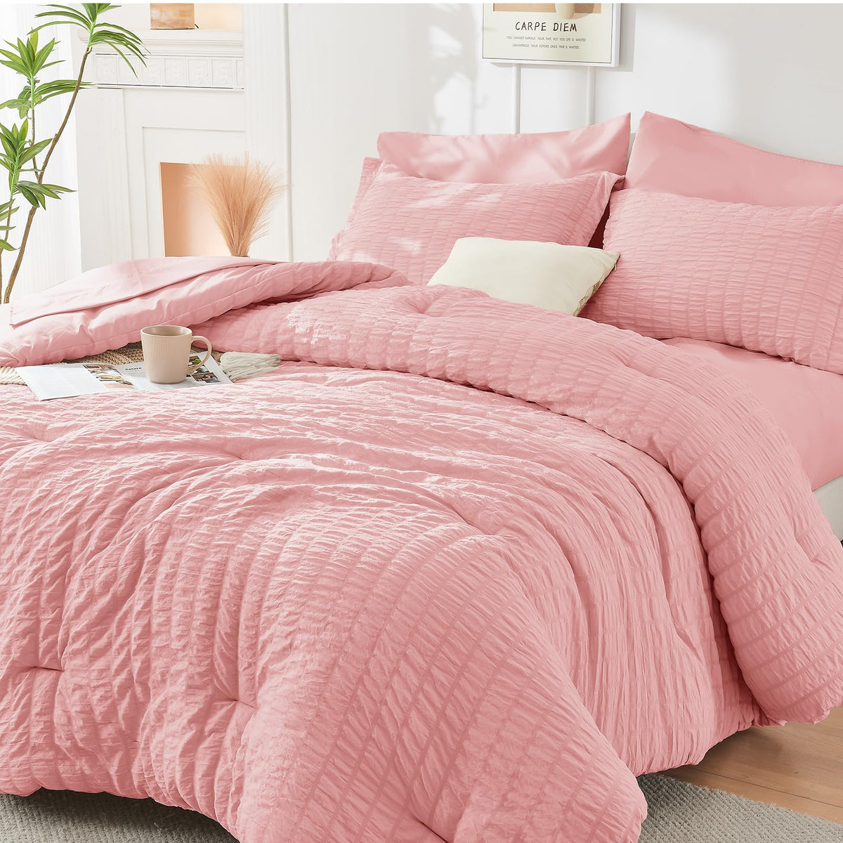 Full Comforter Set - 7PCS Bed in a Bag, Seersucker Bedding Set, Dark Grey