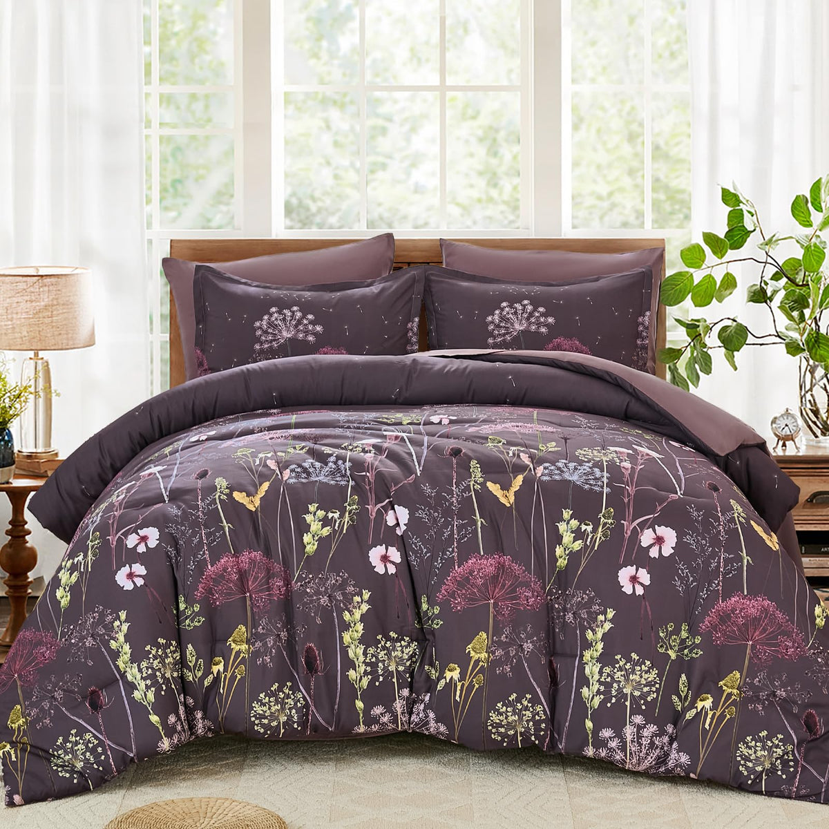 Yiran Queen Comforter Set, 7 Piece Floral Dark Green Dandelion Bed in a Bag