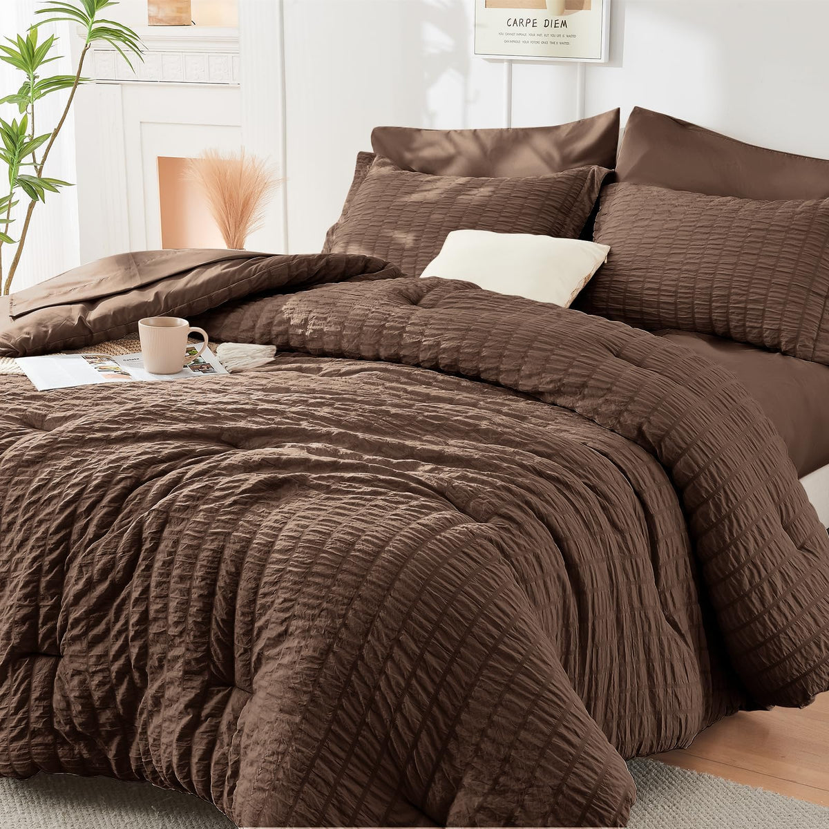 Full Comforter Set - 7PCS Bed in a Bag, Seersucker Bedding Set, Dark Grey