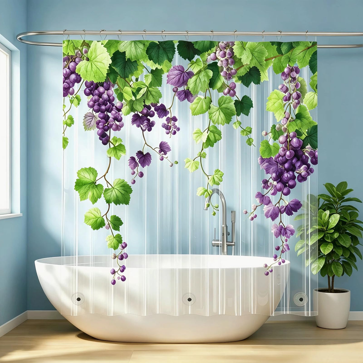 Clear Green Ivy Leaves Shower Curtain Liner, Transparent Plastic Nature Green Botanical Leaf Decorative Waterproof Shower Curtains for Bathroom, 72x72 Weighted Magnetic Shower Curtain Liner with Hooks