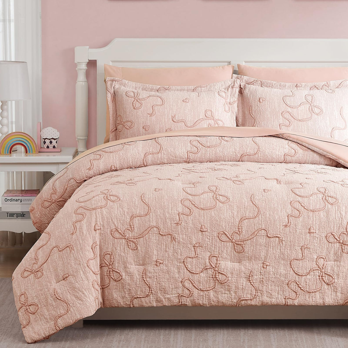 Full Size Comforter Sets for Girls - 7 Pieces Pink Bedding Bow Bed in a Bag