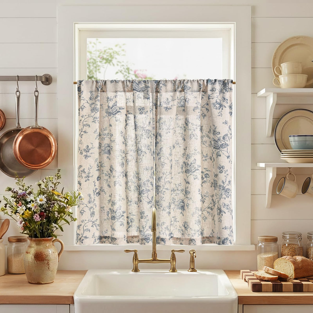 jinchan Floral Linen Kitchen Tier Curtains, 24 Inch, 2 Panels, Green