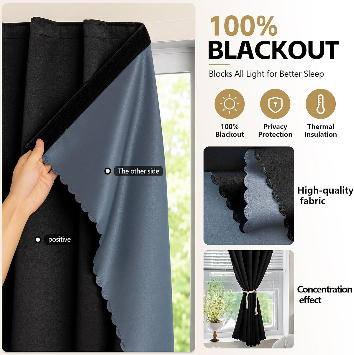 Autohesion Curtains for Windows,Bedroom Blackout Curtains for - Thermal Lnsulated No Drill Curtains Room Darkening Black Small Drapes, JILRON,(1 Panels,35Wx48L inch-Black)