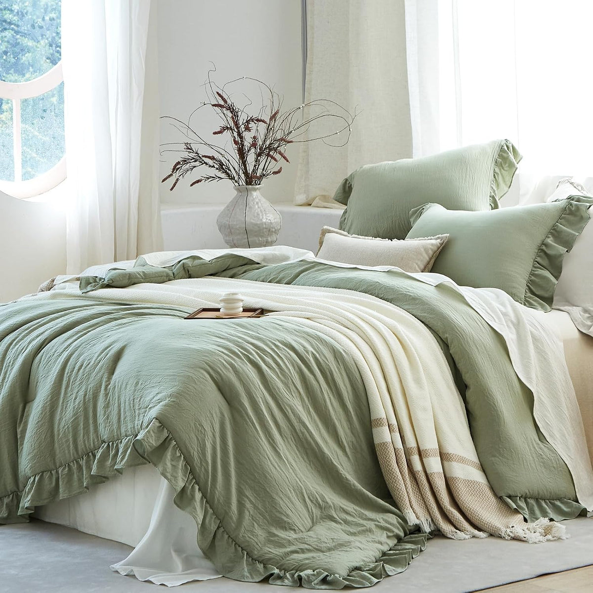 Sage Green Ruffle 3 Pieces Comforter Queen Shabby Chic Bedding