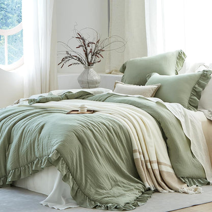 Sage Green Ruffle 3 Pieces Comforter Queen Shabby Chic Bedding