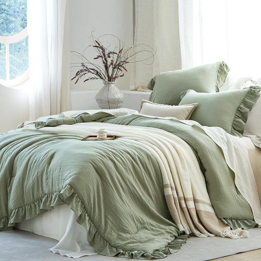 Sage Green Ruffle 3 Pieces Comforter Queen Shabby Chic Bedding