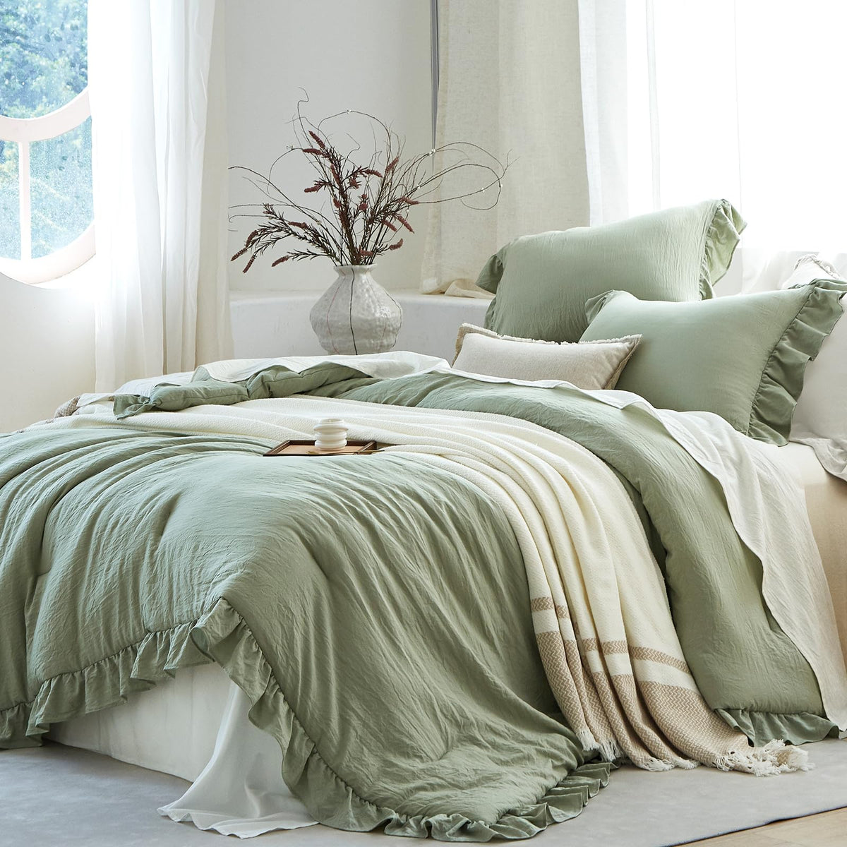 Sage Green Ruffle 3 Pieces Comforter Queen Shabby Chic Bedding